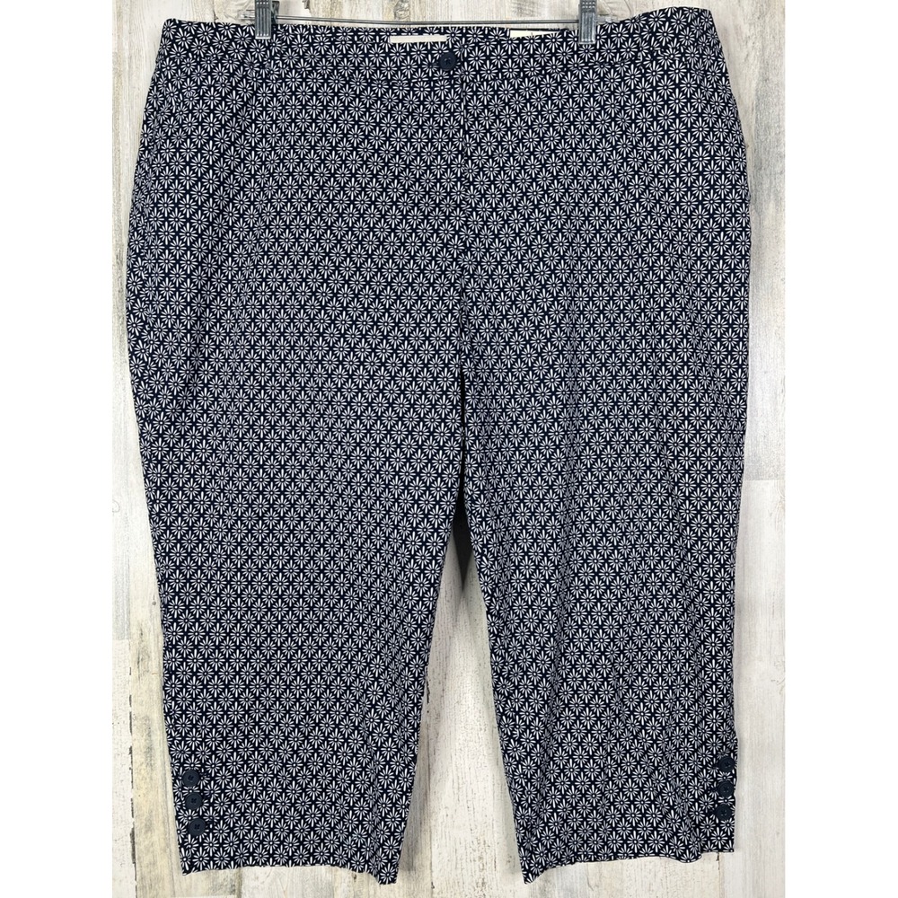 NEW Talbots Skimmer Pants 24W Navy Blue White Floral Daisy Cotton Stretch - Picture 1 of 16